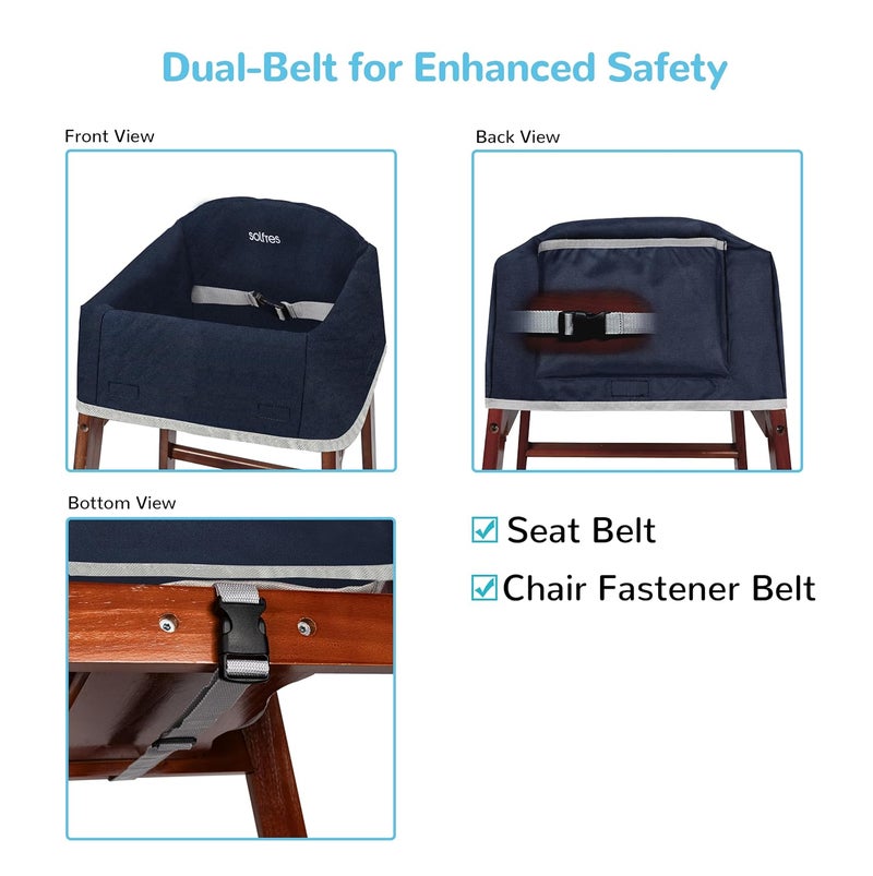Solfres Dual-Belt Baby High Chair Cover, Upgrade Version, for Wooden or Restaurant High Chair, Sturdy and Robust Material, Waterproof Washable Stain and Slip Resistant, Navy Blue - Image 2